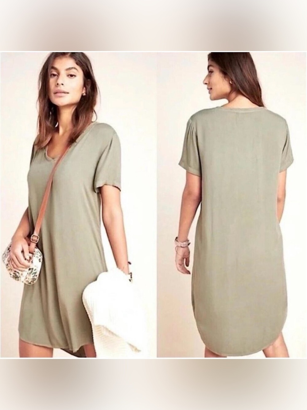 Cloth & Stone Crispin Mini Tunic Dress V-Neck Soft Army Green Sage Sz L